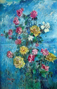  1960 Oil Painting - roses with blue background 1960 modern decor flowers